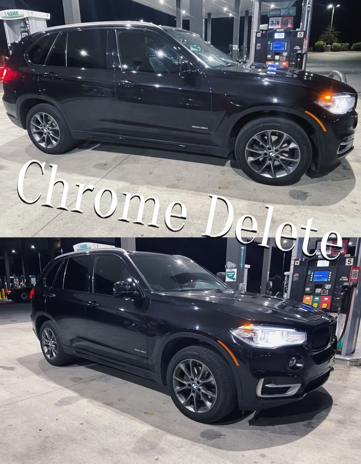 Real before and after of a black BMW X5: factory chrome trim on top, then the same SUV after a full chrome delete blacking out every trim piece on the bottom