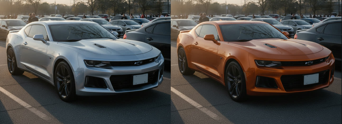 AI preview before and after: silver Chevrolet Camaro on the left, the same car wrapped gloss orange on the right