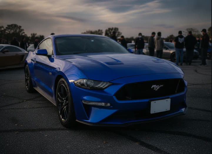 AI preview: Ford Mustang wrapped in gloss Grabber Blue
