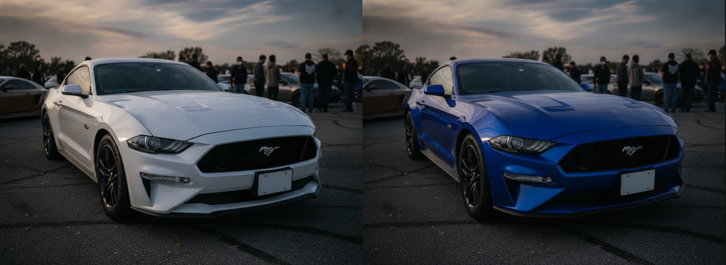 AI preview before and after: white Ford Mustang on the left, the same car wrapped gloss Grabber blue on the right