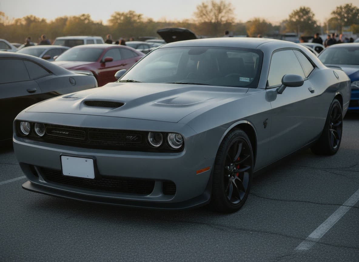 Wrap render stage — an AI render of a Dodge Charger in gloss Miami Blue, the kind of image the machine makes of your car