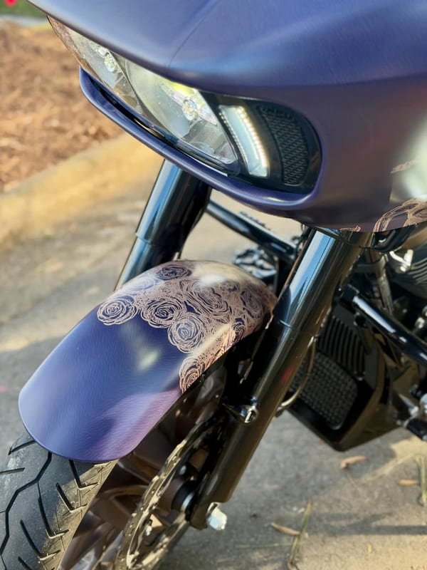 Custom motorcycle bagger with a printed vinyl wrap